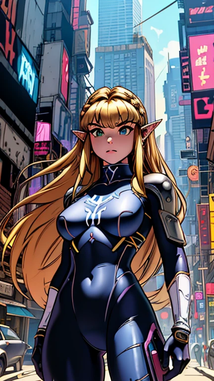 (Teens:1girl: princess zelda), (extremely detailed CG unit 8k wallpaper),(master part), (best quality), (ultra detail), (best illustration),(city-scene-aso), cowboy shot, (Sharp eyeliner, ombre, detailed eyes:1), bright, daylight, cyberpunk city, outdoor, ,break , (Deodato style), upper body, (bangs, blonde hair, green eyes, long hair, pointy ears, cybersuit, line arts