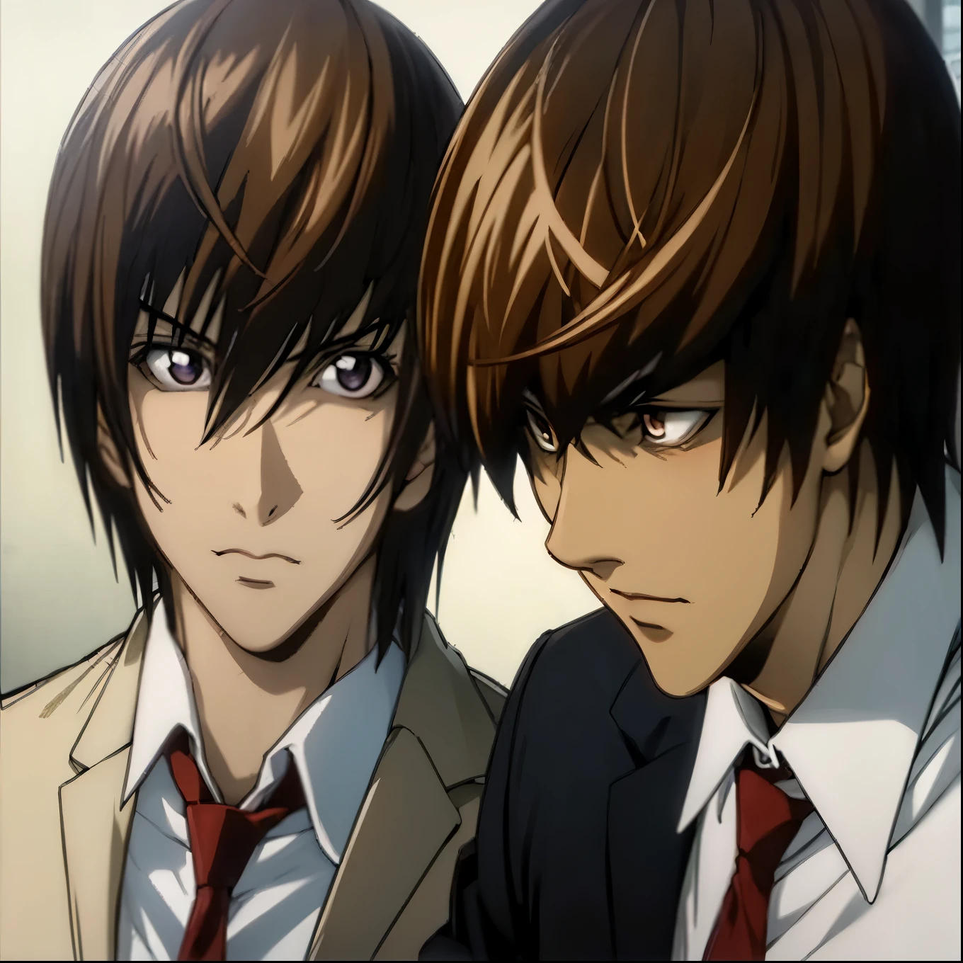 2boys, Kira Yamato,Yagami light,blown hair, with an evil smile, clutching a black Death Note, a sparkling background,