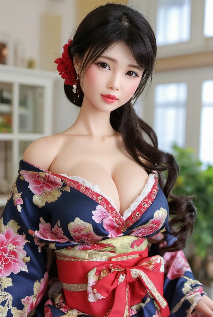 (Japanese AVMagazine cover),Japanese Barbie doll(Wearing an off-shoulder kimono),Huge Breasts，UHD, masterpiece, high details, high quality, best quality, highres