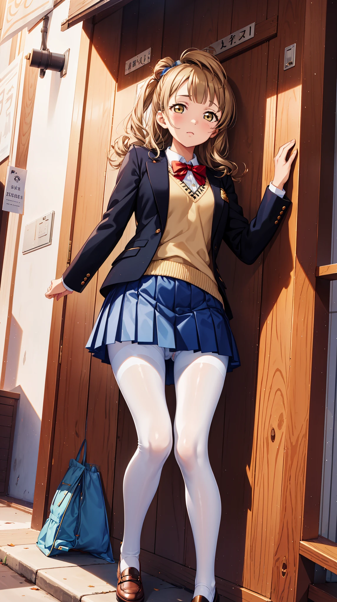 masterpiece,  Minami Kotori, Very curly hair,  Mini skirt,  School Uniform，White pantyhose crotch,  Candid upskirt,  shoe,  dusk，corridor，autumn，