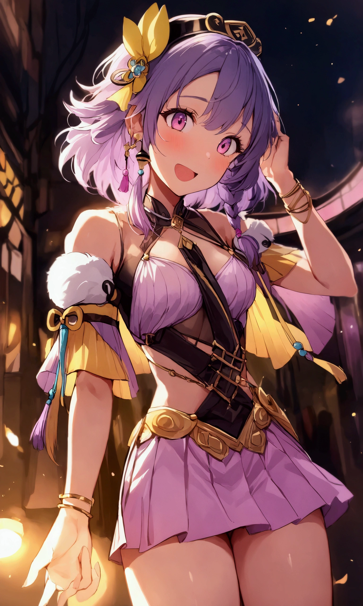 ((arabic dancer costume)), 4 defined fingers, 1 defined thumb, looking at viewer, solo, 1 woman, 25 years old, AI generated, highest quality, masterpiece, skindentation, perfect face, 8k , cowboy shot, short hair, (pink hair1.5), bob cut, black eye, smile, thin thighs, medium breasts, perfect limbs, sexy, (visible nipples:0.7), (camel toe:0.5), standing, (metallic costume), ((hand on hip)),