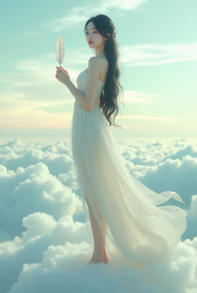 (8k, RAW photo, photorealistic:1.25, Masterpiece), ( lip gloss, eyelashes, glossy side, shiny skin, ultra-high resolution, caustic, wide light, natural shadow, headwear, Kpop idol), light pink and blue style, 1girl, (blue sky: 1.5), tall and thin beauty goddess, flowing dress, cloud goddess, flowing white fabric, Wearing a flowing dress, realistic, (background with blue sky and white clouds: 1.4), (wind: 1.5), (full body: 1.5), add_detail, chromatic aberration, god rays, best quality, 8k, UHD