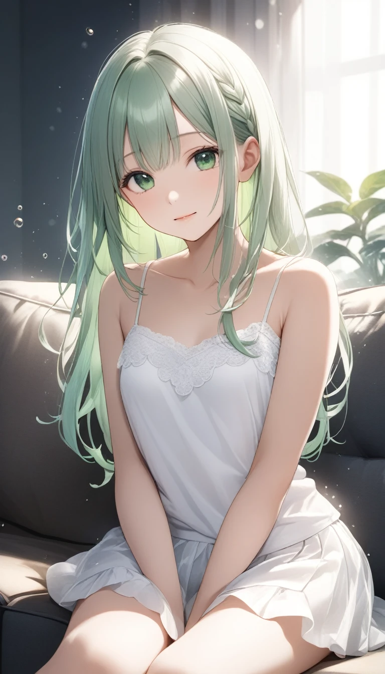 (Unity 16K Wallpaper, Masterpiece, Best Quality, Ultra Detailed, Extremely Detailed CG, Ultra High Resolution, Caustics, Detailed, Beautiful Detailed Eyes, solo, curby:1.3, negligee, full-face blush, embarrassed), fine skin, green hair