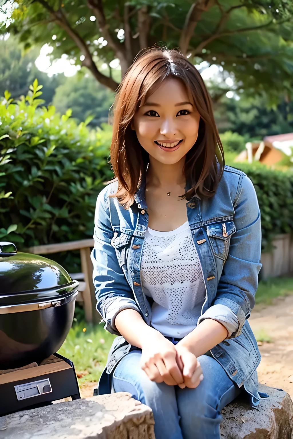 In front of the outdoor barbecue grill, Top quality photorealistic, Very detailed, High resolution, 8K wallpaper, RAW Photos, Professional photography, One mature woman, (Red lips), ((Looking at the camera)), (smile, happiness), Medium straight hair on upper body, Symmetrical hair length, Black T-shirt and denim jacket, Simple campsite background, Elegant upright posture seen from the front