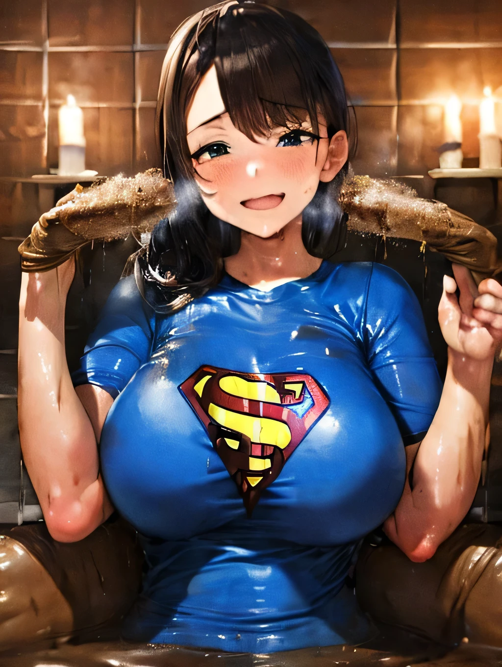 (twin sisters hugging), (Skintight blue superman logo t-shirts covered in brown poop) , massive  breasts  in tight  blue superman logo latex superman t-shirts, sitting in dark stinky nasty sewer, brown sticky poop substance, full body photo, poop soaked jeans (detailed superman logo), ((clothes soaked in sticky poop)), candle lit lighting, (((sex threesome))) 