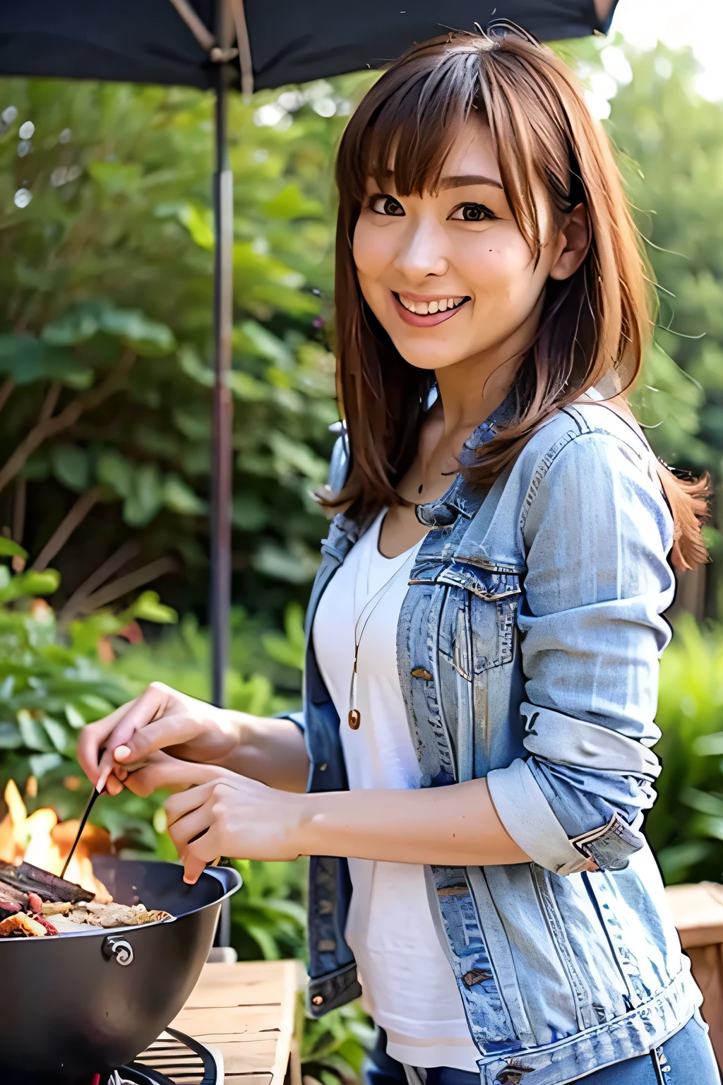 Tabletop,In front of the outdoor barbecue grill, Top quality photorealistic, Very detailed, High resolution, 8K wallpaper, RAW Photos, Professional photography, One mature woman, (Red lips), ((Looking at the camera)), (smile, happiness), Medium straight hair on upper body, Symmetrical hair length, Black T-shirt and denim jacket, Simple campsite background, Elegant upright posture seen from the front