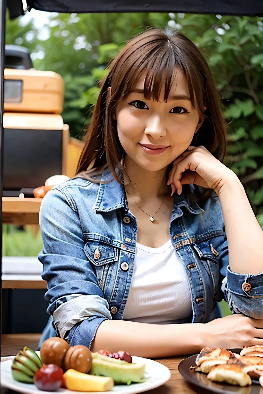 Tabletop,In front of the outdoor barbecue grill, Top quality photorealistic, Very detailed, High resolution, 8K wallpaper, RAW Photos, Professional photography, One mature woman, (Red lips), ((Looking at the camera)), (smile, happiness), Medium straight hair on upper body, Symmetrical hair length, Black T-shirt and denim jacket, Simple campsite background, Elegant upright posture seen from the front