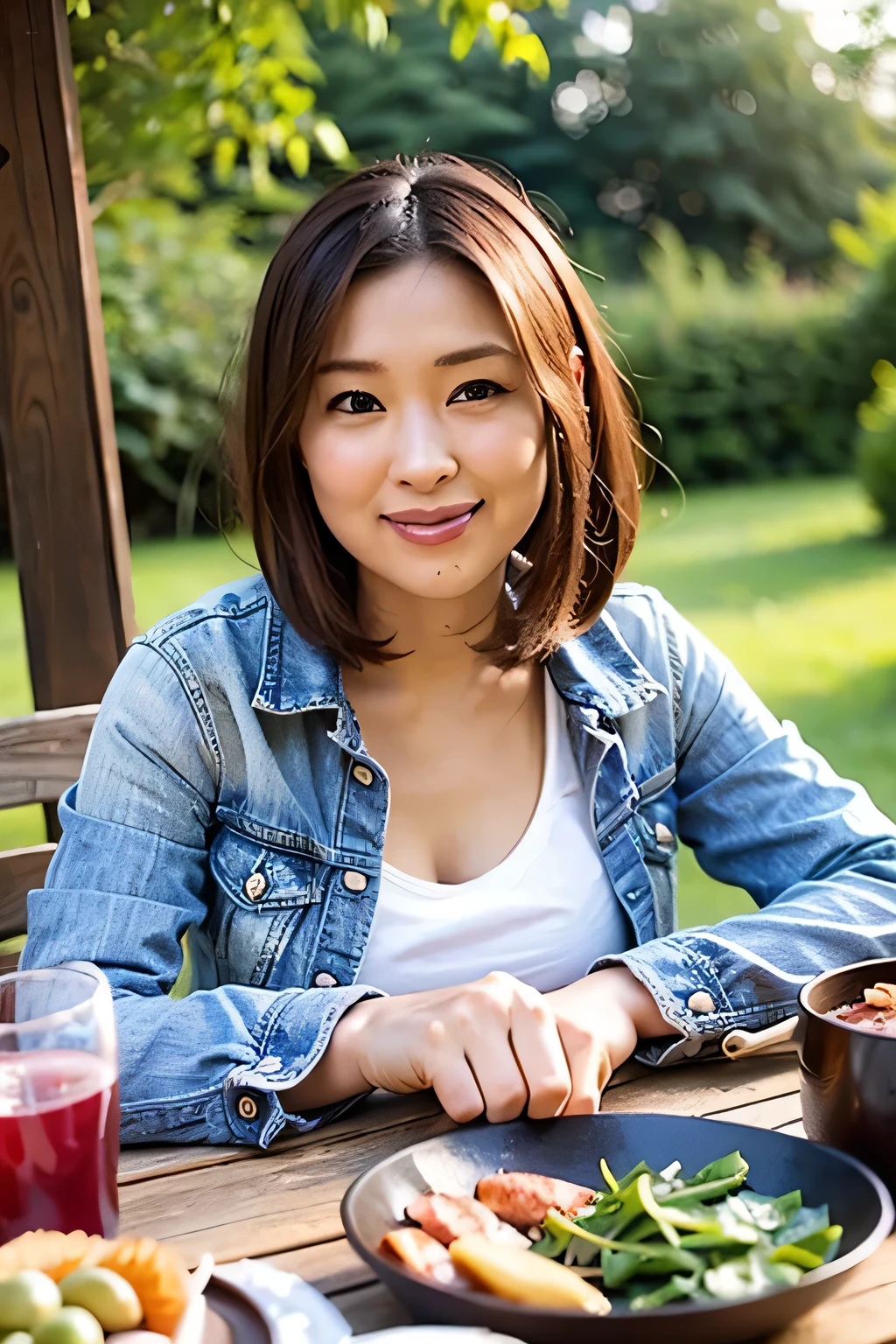 Tabletop,In front of the outdoor barbecue grill, Top quality photorealistic, Very detailed, High resolution, 8K wallpaper, RAW Photos, Professional photography, One mature woman, (Red lips), ((Looking at the camera)), (smile, happiness), Medium straight hair on upper body, Symmetrical hair length, Black T-shirt and denim jacket, Simple campsite background, Elegant upright posture seen from the front