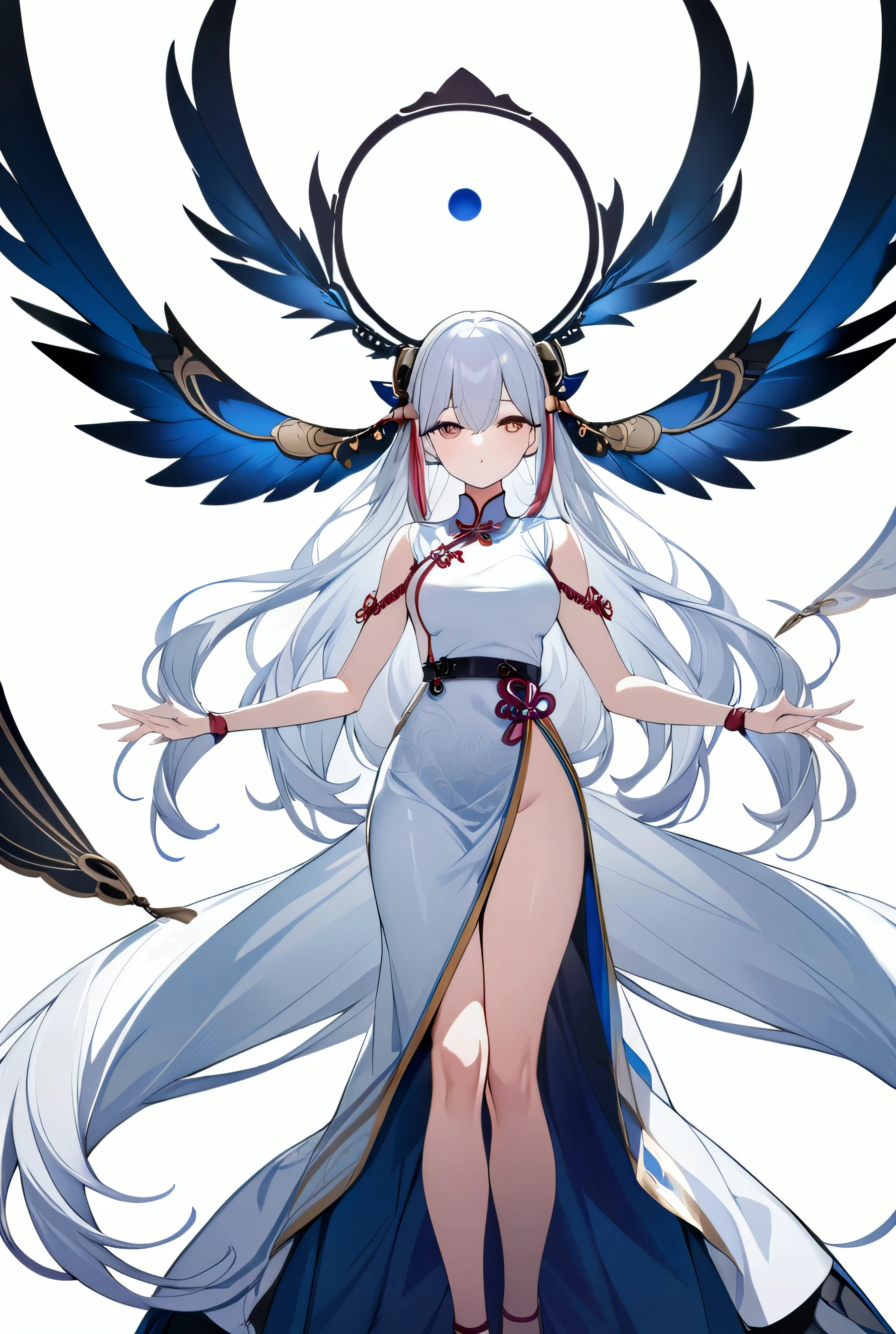 (Fidelity: 1.4), magical, masterpiece, ((female, big)), slim, muscular, sharp ears, light gray skin, long curly white hair, red eyes, smile, be careful, do not disturb, Recite the Pipa, white background
