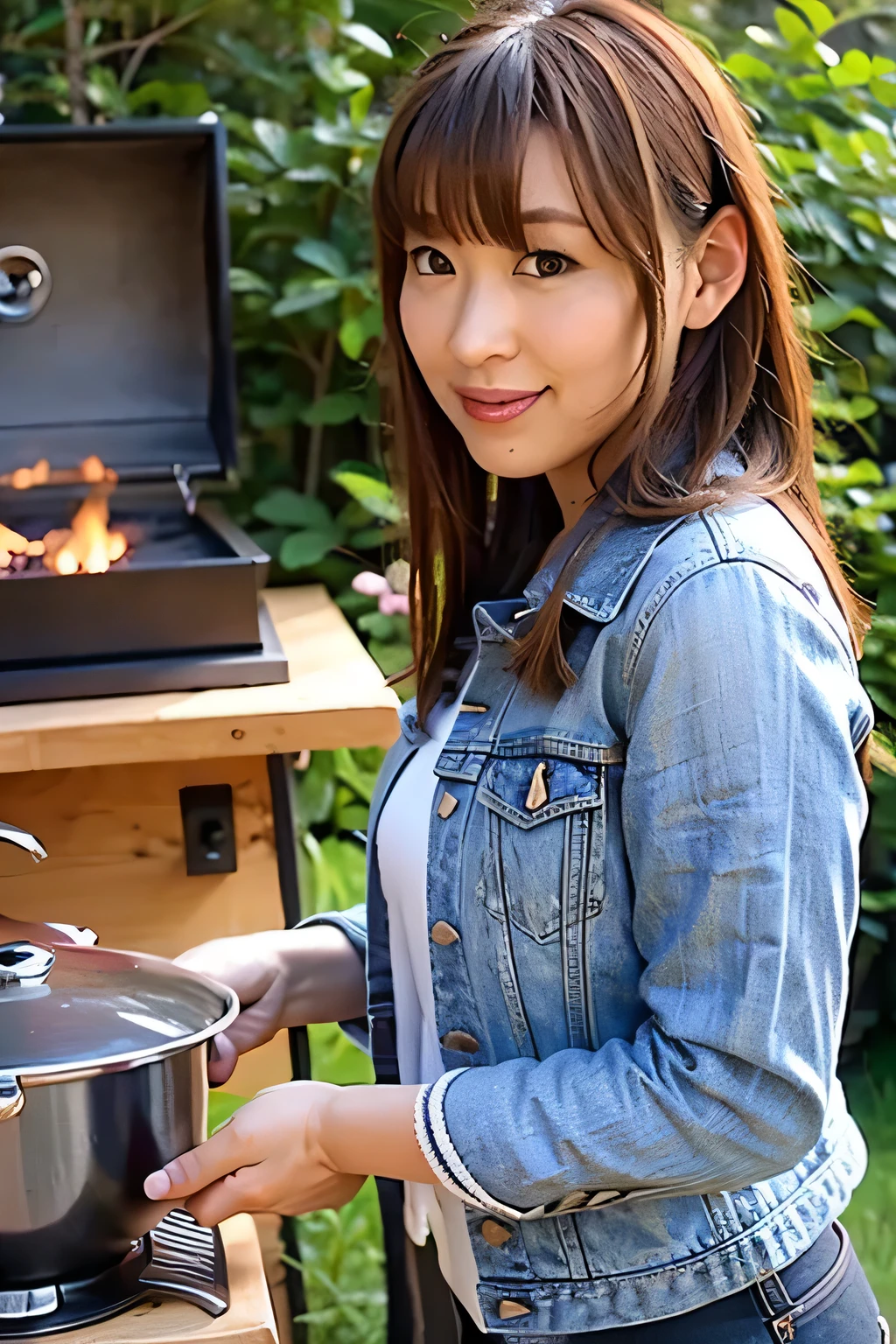 Tabletop,In front of the outdoor barbecue grill, Top quality photorealistic, Very detailed, High resolution, 8K wallpaper, RAW Photos, Professional photography, One mature woman, (Red lips), ((Looking at the camera)), (smile, happiness), Medium straight hair on upper body, Symmetrical hair length, Black T-shirt and denim jacket, Simple campsite background, Elegant upright posture seen from the front