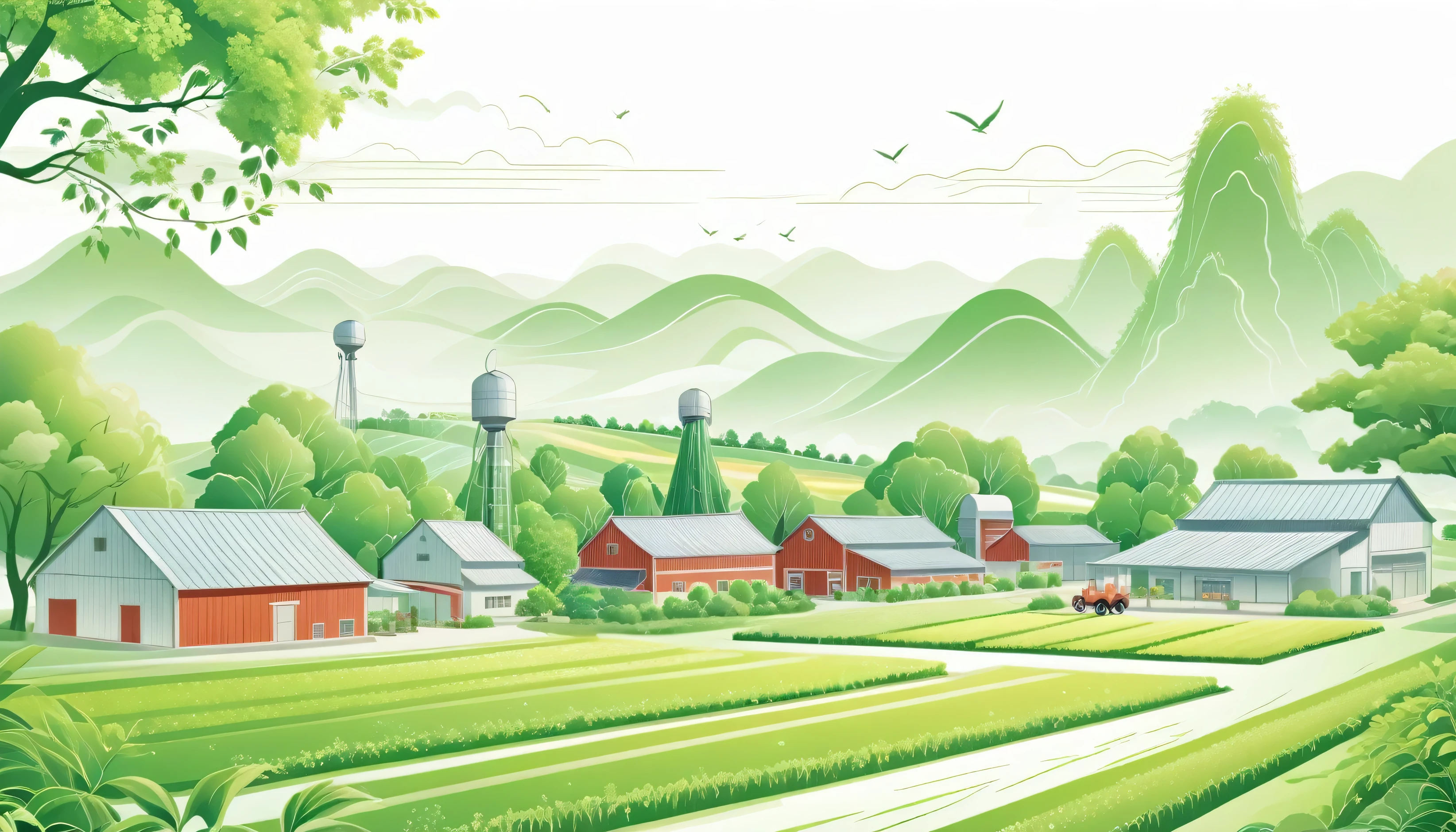 Technology Center，town，farm，Green Trees，Beautiful scenery，Mainly line illustrations，Simplicity