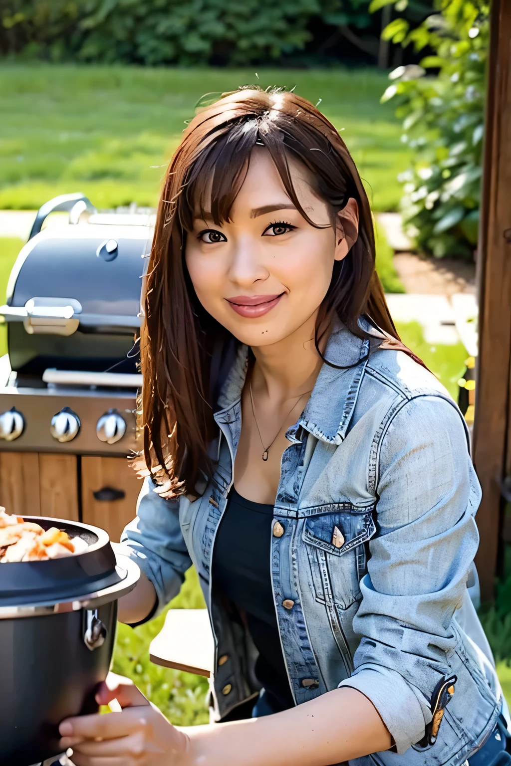 Tabletop,In front of the outdoor barbecue grill, Top quality photorealistic, Very detailed, High resolution, 8K wallpaper, RAW Photos, Professional photography, One mature woman, (Red lips), ((Looking at the camera)), (smile, happiness), Medium straight hair on upper body, Symmetrical hair length, Black T-shirt and denim jacket, Simple campsite background, Elegant upright posture seen from the front