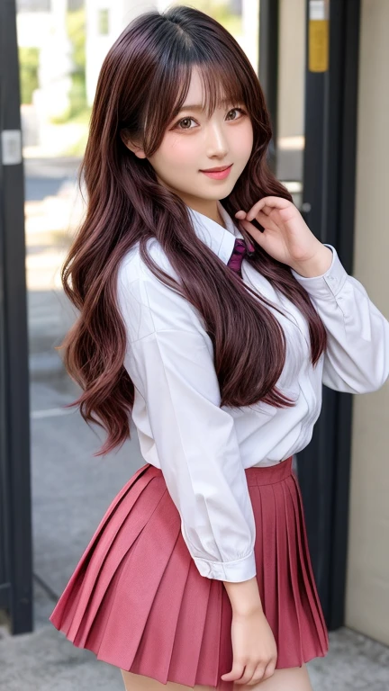 1 Female,Dark brown hair,Long Wavy Hair、20-year-old woman、((Annoyed expression)),Beautiful Medium Large、White shirt,Navy blue mini pleated skirt,Stylish,,(Look forward)(((Blushing、Embarrassed expression)),(((The wind blows up my skirt)))、(Pink lace panties)、((Turn around))、((I can see your butt))