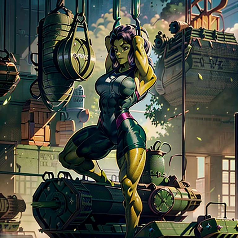 A beautiful She-Hulk, (Green skin:1.5), fit muscular sculpted body, (lifting a tank above her head:1.5), pushing up pose, purple whtie one piece body suit, sfw, full body shot, 