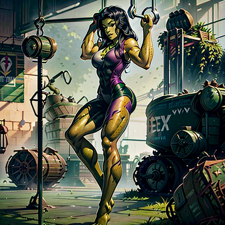 A beautiful She-Hulk, (Green skin:1.5), fit muscular sculpted body, (lifting a tank above her head:1.5), pushing up pose, purple whtie one piece body suit, sfw, full body shot, 