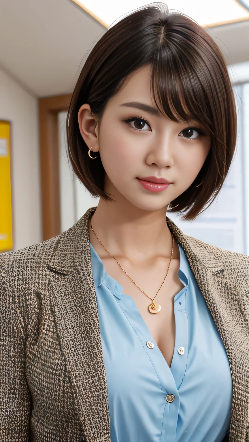 RAW Photo High Resolution, Very detailed, Intricate details, 、ear piercing、、Short Hair、Dark Brown Hair、Office Lady Suits 、jacket、shirt、Heavy makeup、Necklace on neck、, The background is the office
