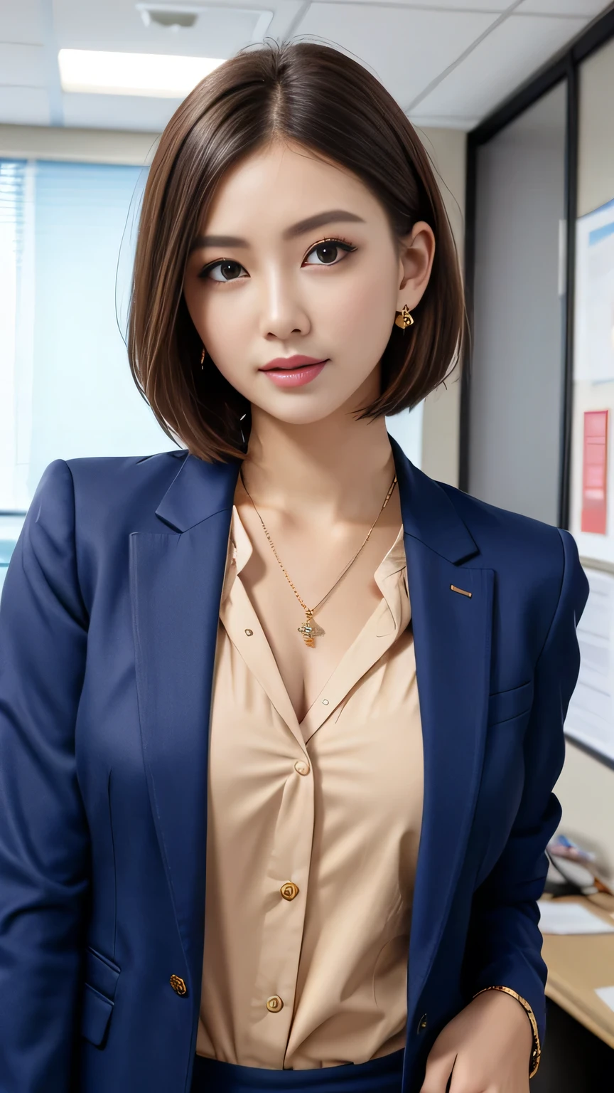 RAW Photo High Resolution, Very detailed, Intricate details, 、ear piercing、、Short Hair、Dark Brown Hair、Office Lady Suits 、jacket、shirt、Heavy makeup、Necklace on neck、, The background is the office
