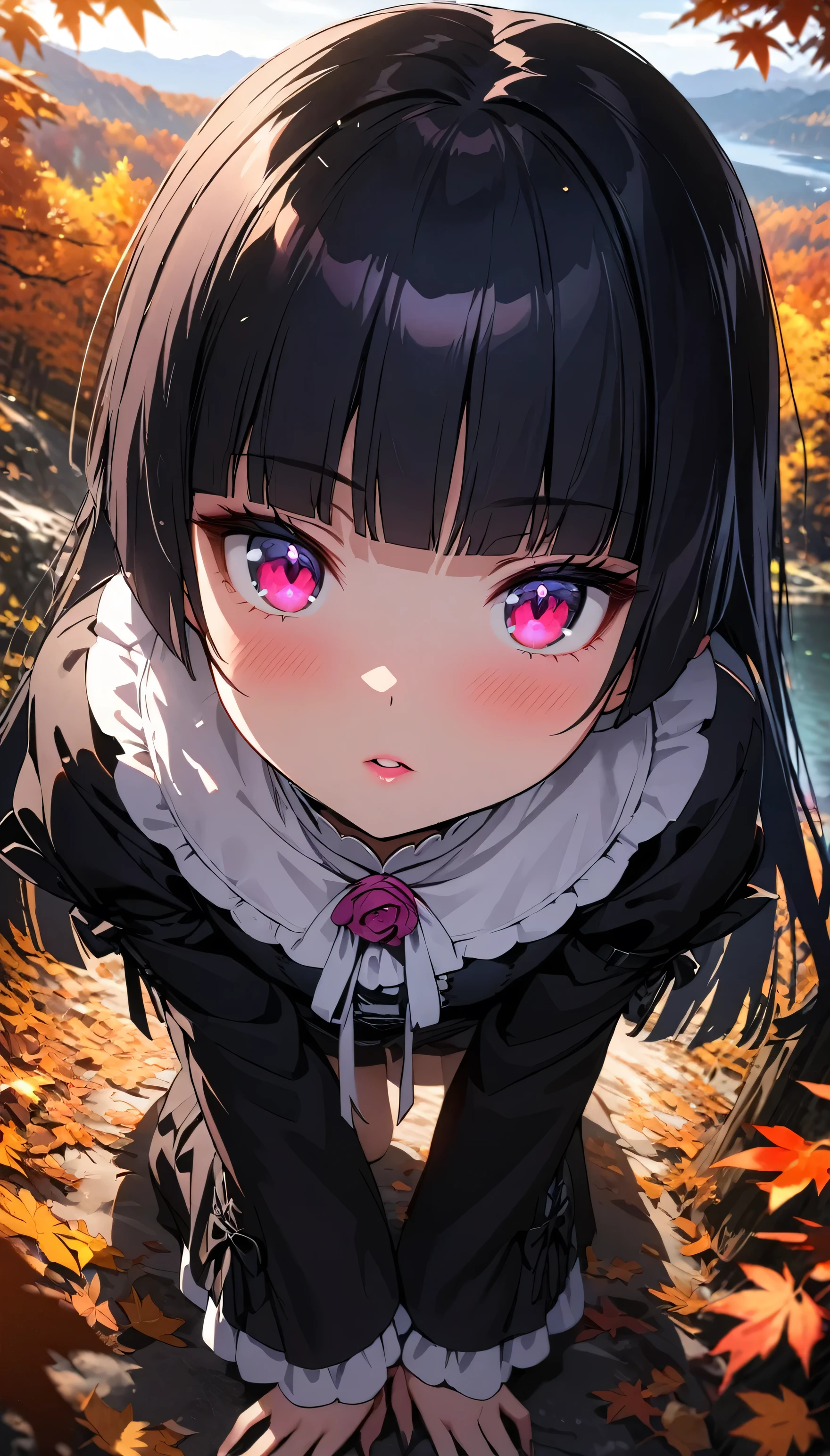 (beautiful girl: 1.3),1girl,masterpiece, Highest quality, Ultra-high resolution,rich contrast,super high quality,8k,Highly detailed CG unit wallpaper,texture,Incredibly absurd,Ultra-high resolution,RAW Photos,Depth of Field 1.2,(blunt bangs,long hair,Black Hair),Ultra-detailed eyes,Glowing Skin,Glitter effect,Beautiful glossy lips,autumn hiking,lake,vibrant fall foliage,forest path covered in leaves,gokou ruri,(gothic:1.3),doggystyle,feet up（lying, on stomach,,overlooking,(magnificent panorama view:1.3)