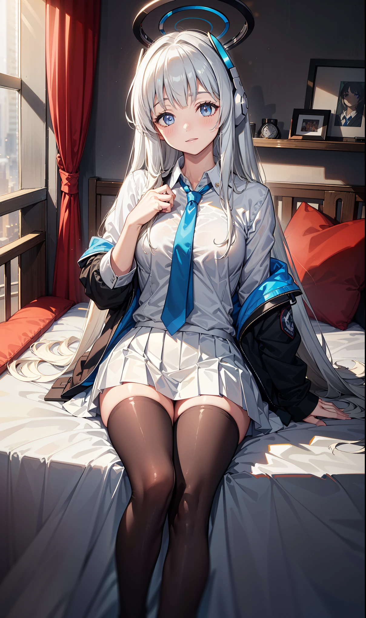 (Exquisite Tidal Noa), 8K, Ultra-high resolution, (masterpiece:1.2), (, Delicate and beautiful eyes), Extremely subtle, solitary, Real light and shadow, eternal, Natural Movement, rest (Blue tie, White shirt, Open front jacket, Long sleeve, White skirt, Pleated skirt black leggings), Mechanical housing，bedroom，Dark，Holding a pistol