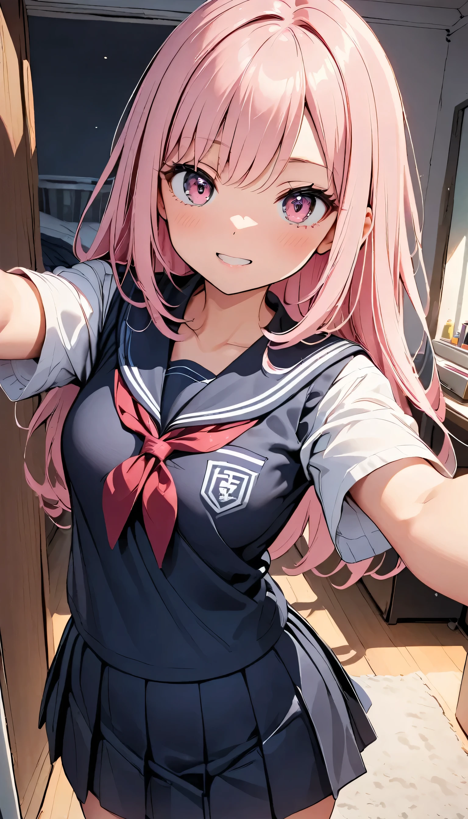 1girl, long hair, pink hair, blunt bangs, 4k resolutions , best resolutions, pink eyes, office uniform, hair flower ornaments, office masterpiece, selfie