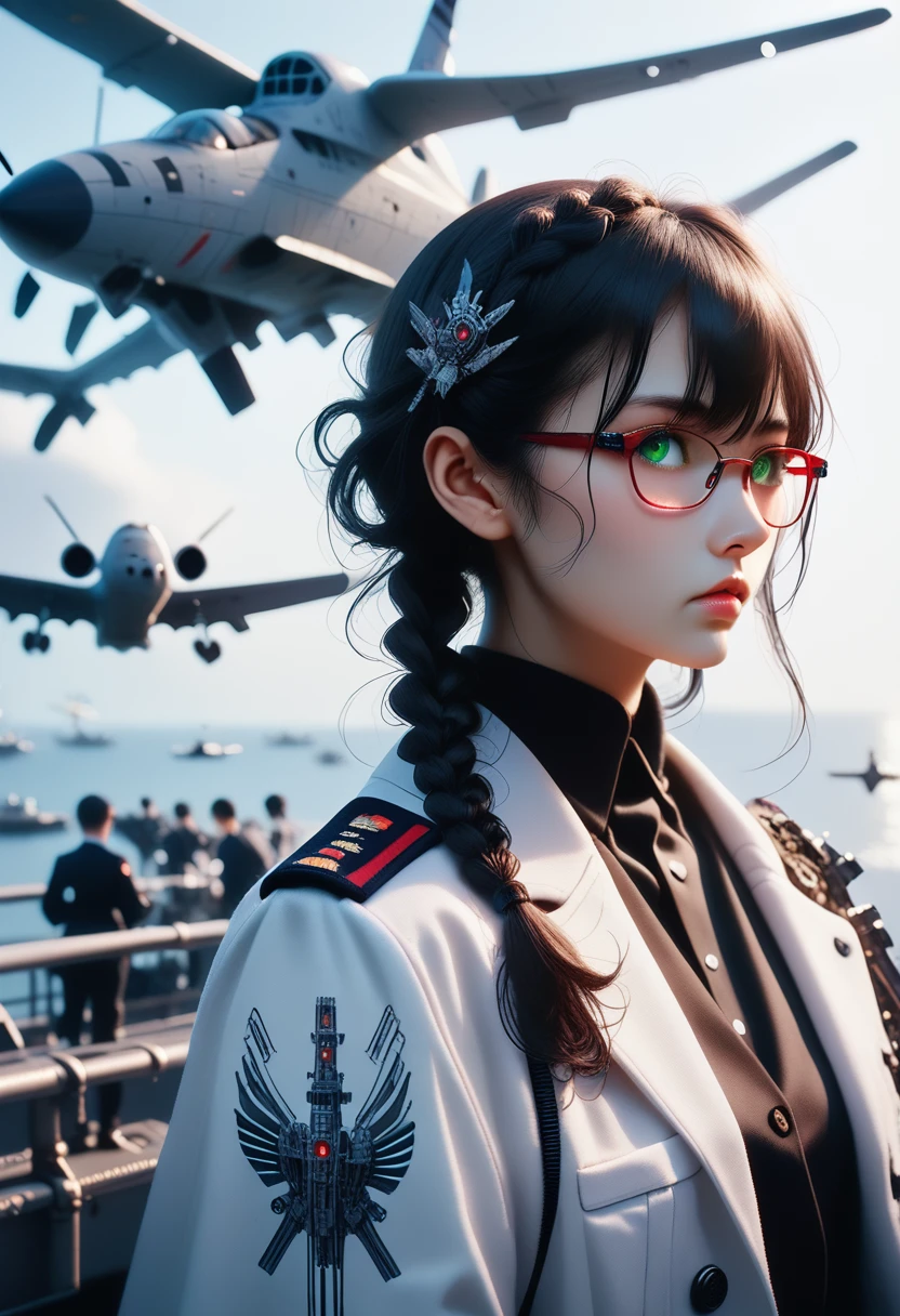 high resolution,,small size,Black hair,Double Braid Hairstyle,Bang bang,green eyes,Red glasses in formal wear,uniform,White coat,dark expression,warship,ship aircraft carrier, Futuristic, Science fiction, warplane, Cosmos, war