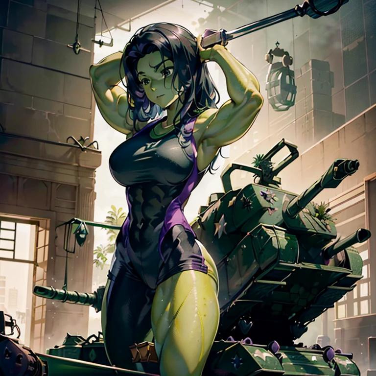 A beautiful She-Hulk, (Green skin:1.5), fit muscular sculpted body, (lifting a tank above her head:1.5), pushing up pose, purple whtie one piece body suit, sfw, full body shot, 