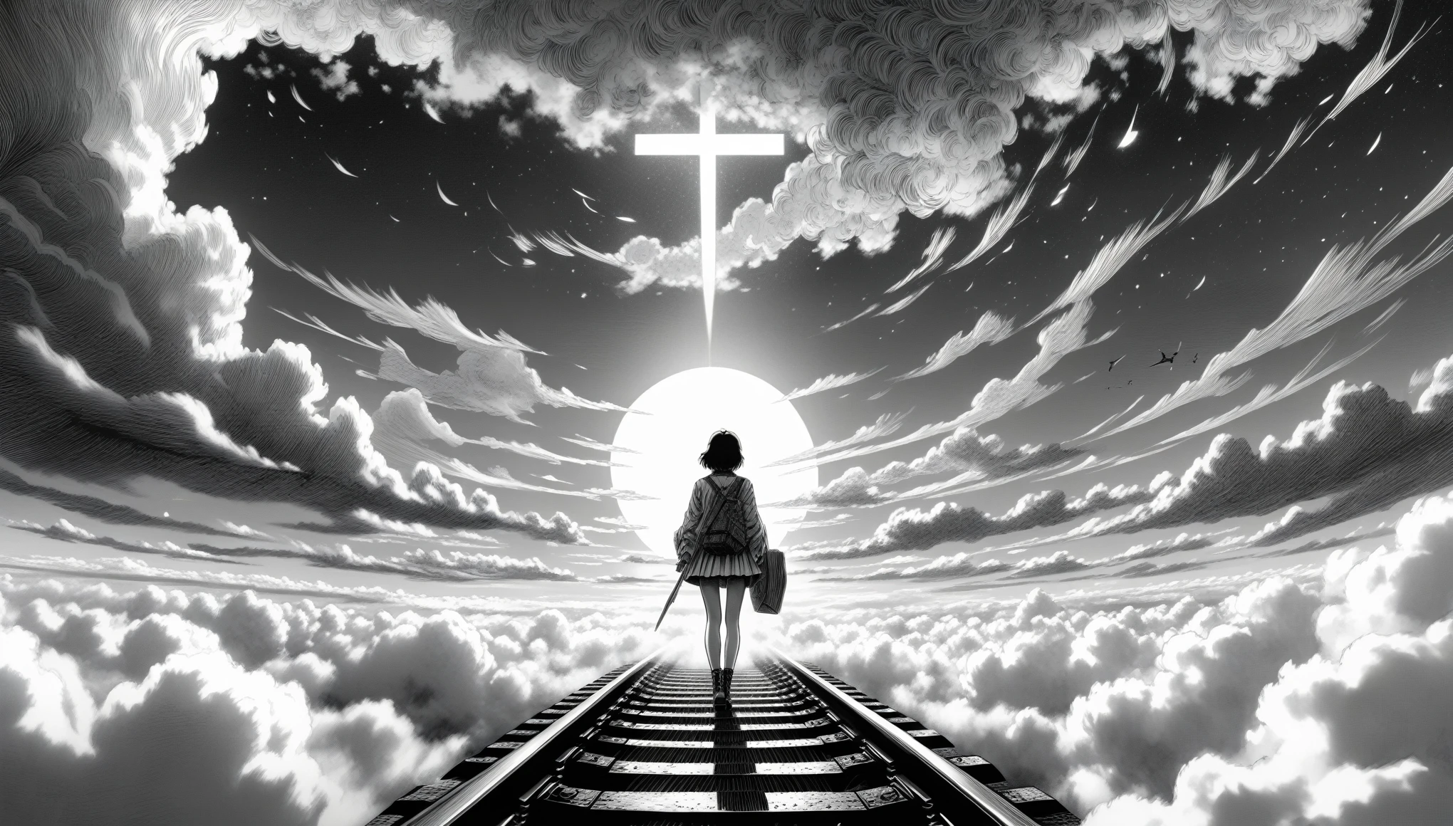 score_9, score_8_up, score_7_up, score_6_up, by Kentaro Miura, inspired by Berserk, Manga art, black and white, manga art, best quality, masterpiece, detailed, aesthetic, best quality, masterpiece, detailed, aesthetic, Masterpiece, best quality,1girl standing above the clouds on a train station, Highly detailed, Ultra HD, High resolution, 8k, Wide angle shot, fisheye perspective, amazing art, masterpiece, best quality, high detail, trending on art-station, trending on art, 4K resolution, perfect lighting, perfect perspective, balanced composition, High quality, cinematic, dramatic, dynamic, intricate, detailed, ((best quality)), (masterpiece), monochrome, manga, anime, high resolution, 4k, detailed, intricate, detailed, Monochrome, Cross-hatching, Gradient shading, 
