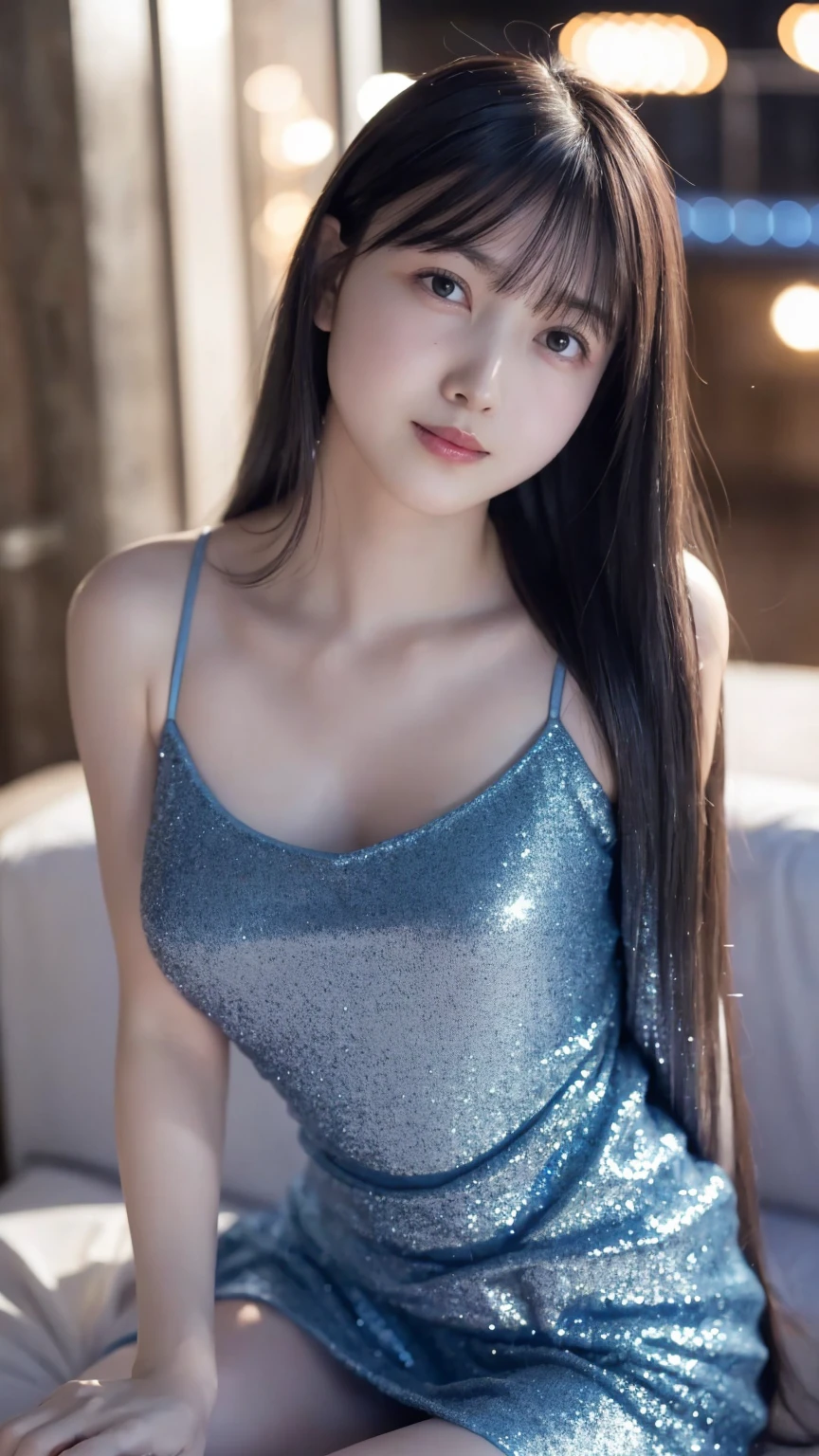 1girl,(wearing a blue glittery evening mini dress:1.4),(RAW photo, best quality), (realistic, photo-realistic:1.4), masterpiece, an extremely delicate and beautiful, extremely detailed, 2k wallpaper, Amazing, finely detail, extremely detailed CG unity 8k wallpaper, ultra-detailed, highres, soft light, beautiful detailed girl, extremely detailed eyes and face, beautiful detailed nose, beautiful detailed eyes,cinematic lighting,city lights at night,perfect anatomy,slender body,light smile,close up,(long hair with bangs), big breast