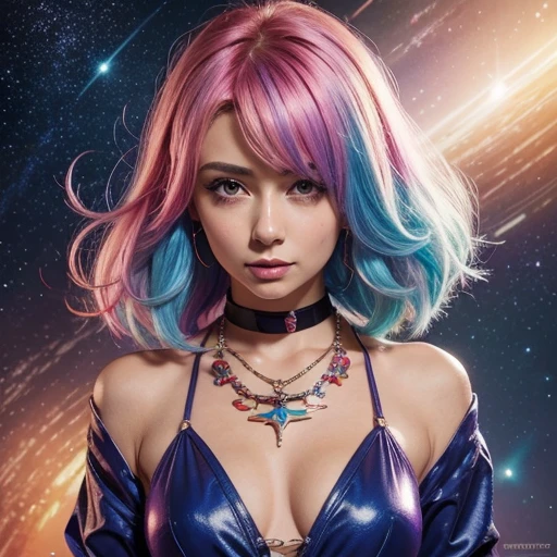 Close-up of a woman with Colorful hair and necklace, anime girl with space hair, The soft vitality of Rossdraus, Artwork in the style of Gouvez, Fantastic Art Style, Colorful], Bright fantasy style, Ross draws a cartoon, full of vitality, cosmic and Colorful, Gouvez, Colorful digital fantasy art, amazing art style, beautiful anime style, full body illumination, lighting skins, sexual expression