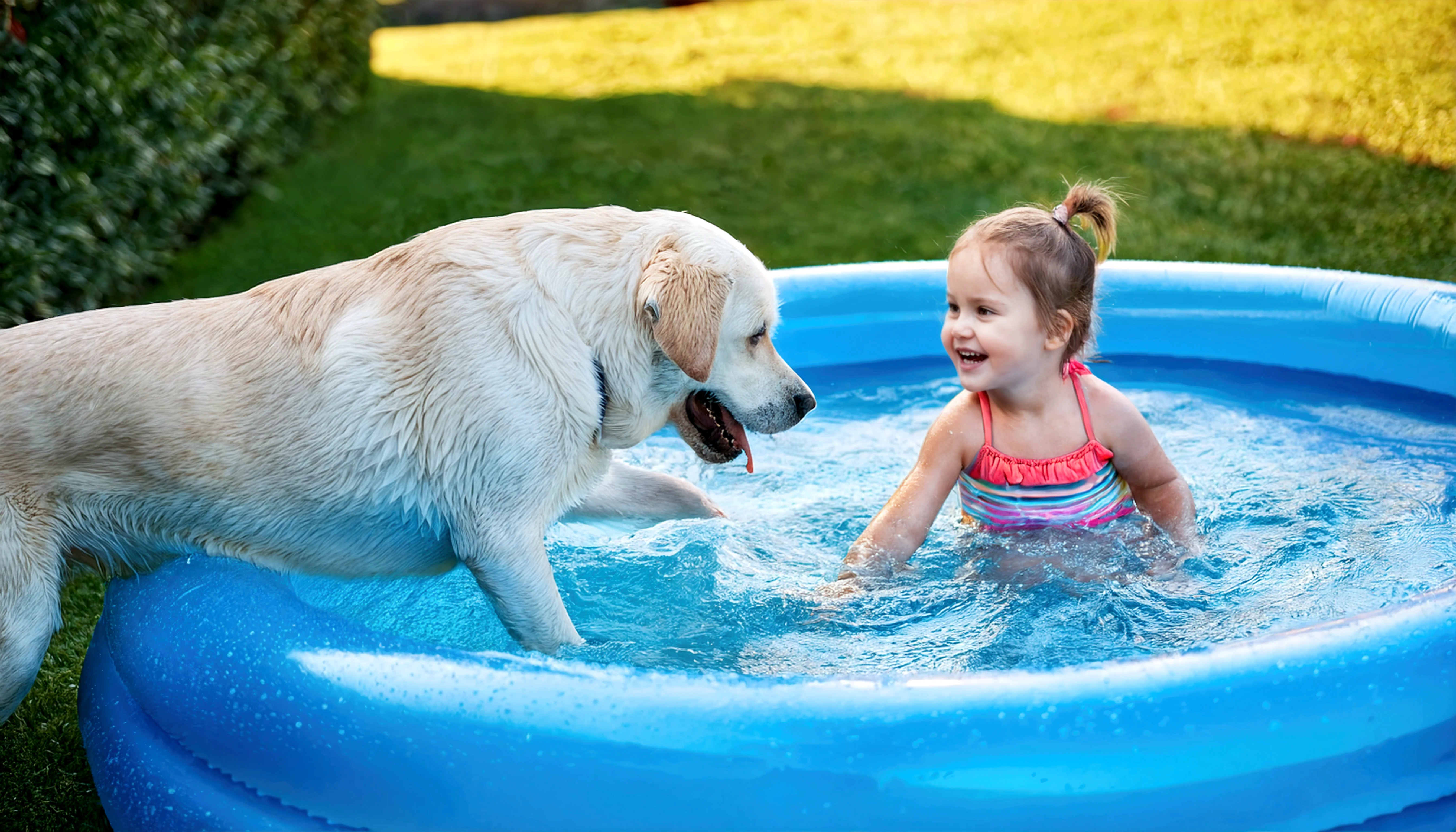 Create a dog playing with butterflies in the river next to girls leisurely washing their hair