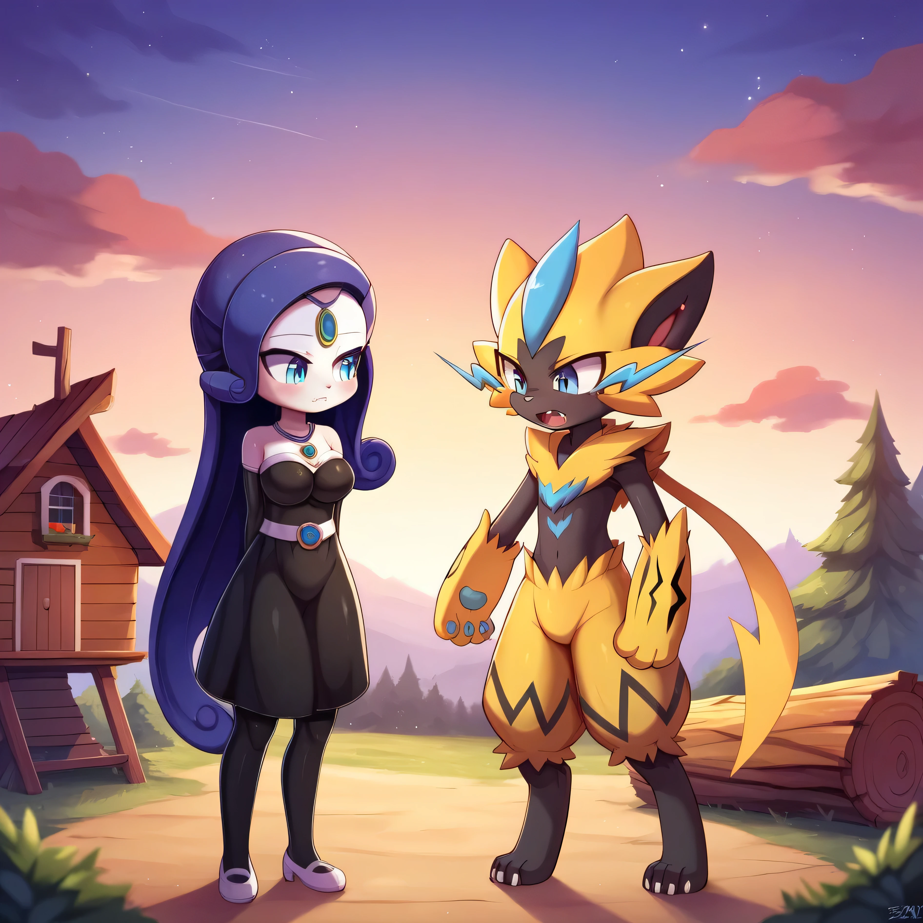 masterpiece:1.2, best quality, (highly detailed), score_9, score_8_up, score_7_up, full body shot, from front, looking at each other, 1girl, 1boy, meloetta, zeraora, pokemon, scared female, confused male, log cabins in background, distant countryside background, standing, hands in air, large breasts,