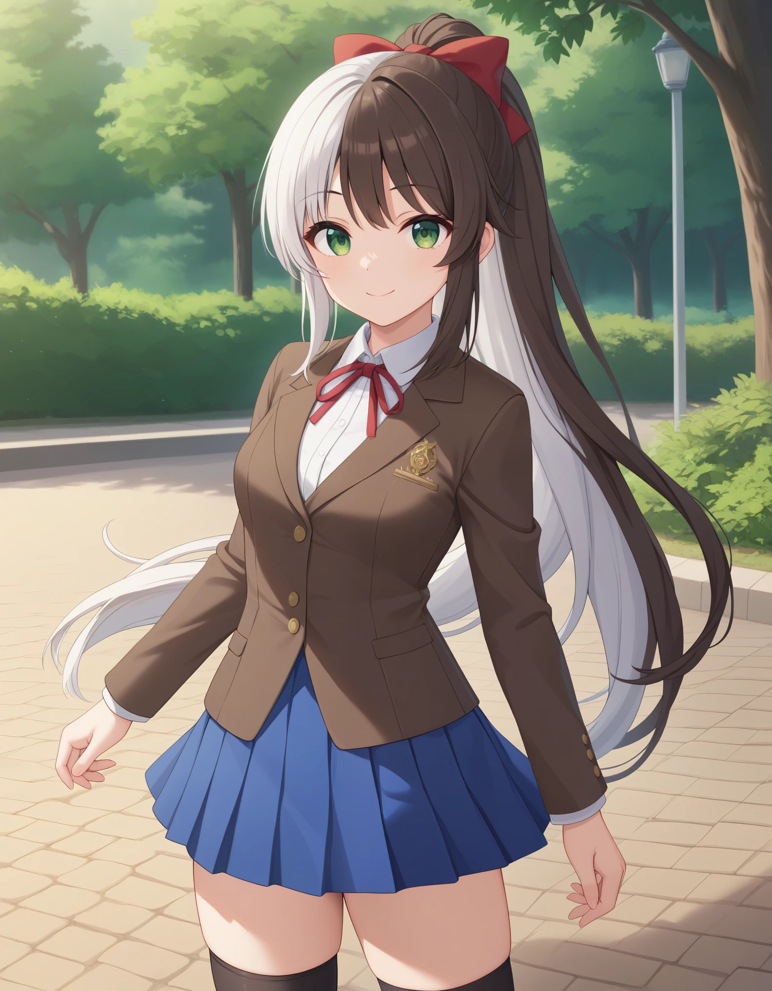 best quality,masterpiece,   4k, best quality 
1girl, solo,tachibana arisu,dark brown hair, (dark brown hair:1.2), green eyes, (green eyes:1.2), very long hair, white hair ribbon, bangs, ponytail, brown blazer, brown color vest , white collared shirt, red neck ribbon, blue skirt, closed jacket, black thighhighs, white hair bow, standing,smile ,cowboy shot,  looking at viewer, outdoor, park
