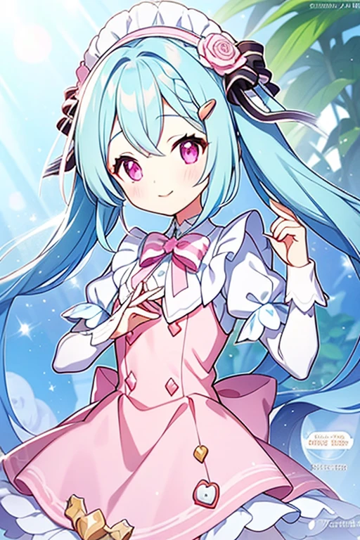 Super Idol　Beautiful girls in a shining maid cafe　Charming smile　Sky blue hair　Hair length　Twin tails　flower々A bright cafe surrounded by forest　The sunlight is pouring in　Sparkly pink and white maid-style leotard　Look forward