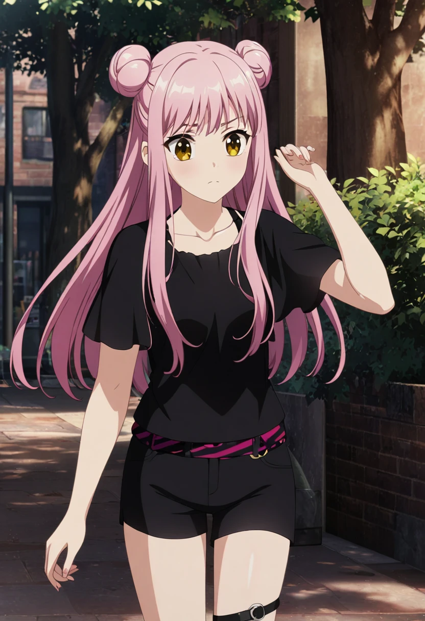 atgons, anime screencap, absurdes, best quality, cowboy shot, 1girl, glasgow smile, light red eyes, low twin braids, violet hair, hands on hips, aran sweater, park, trees, bushes, city backdrop, high quality, 2d art style, digital illustration, poster art