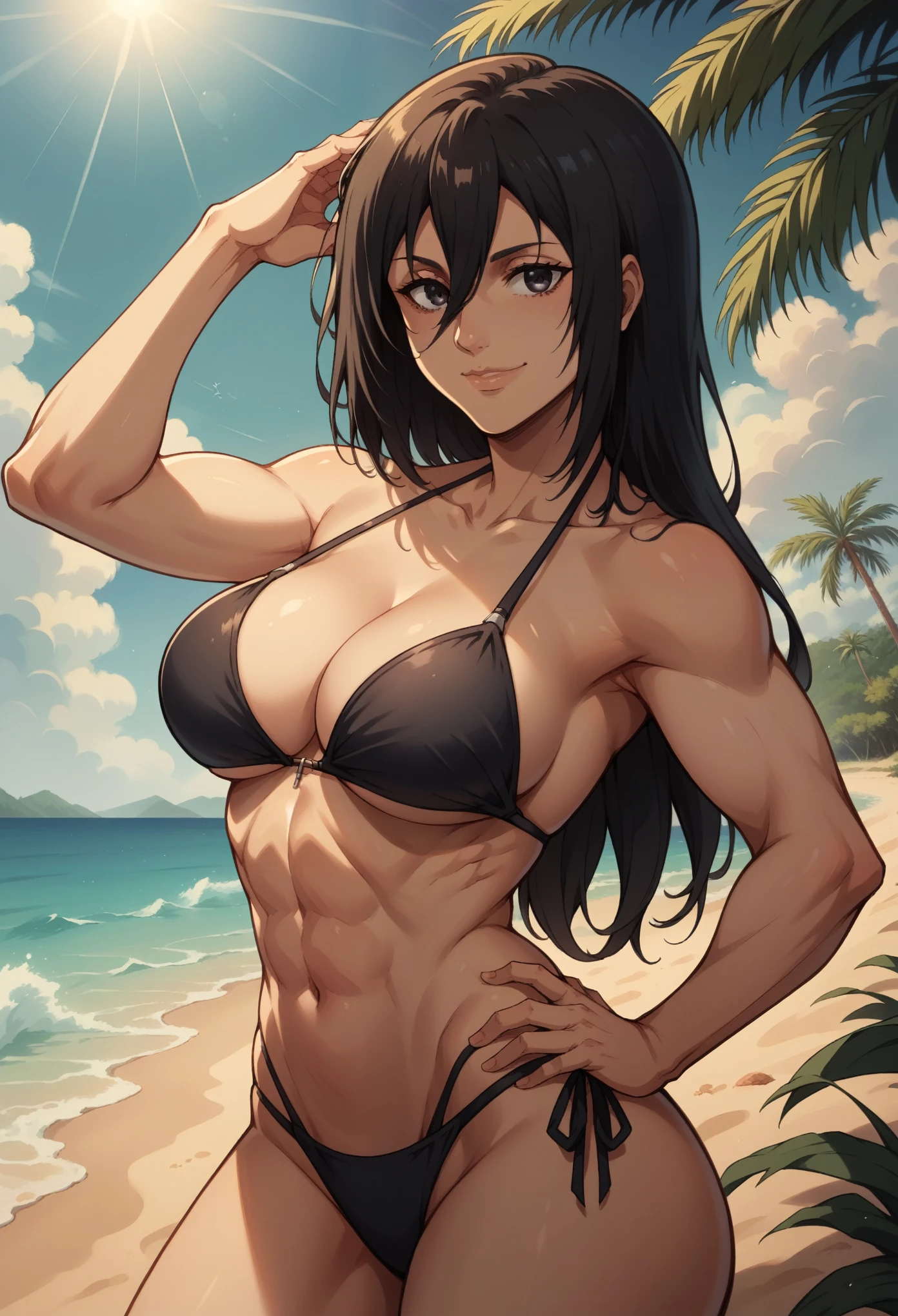 score_9, score_8_up, score_7_up, mikasa_ackerman, black hair, black eyes, hair between eyes, long hair, large breasts, bikini, cleavage, one hand on hip, arched back, smile, looking at viewer, full view; Beach, golden sand, turquoise water, clear sky, palm trees, gentle waves, sunlight, tropical, peaceful, relaxing atmosphere, masterpiece best quality
