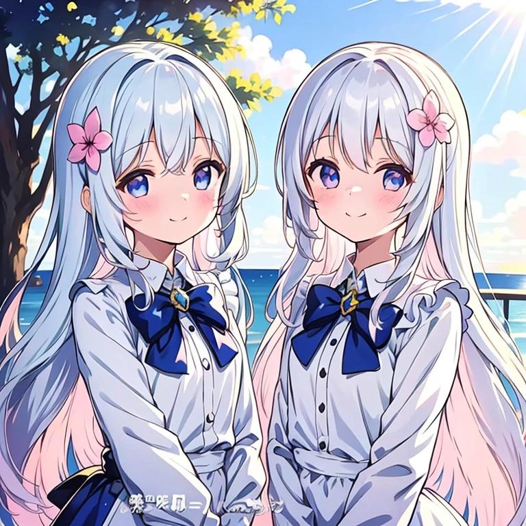 Super Idol　Beautiful girls in a shining maid cafe　Charming smile　Sky blue hair　Hair length　Twin tails　flower々A bright cafe surrounded by forest　The sunlight is pouring in　Sparkly pink and white maid-style leotard　Look forward