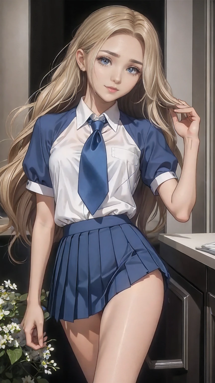 ((Best Quality)), ((masterpiece)), (detailed), (Focus on the characters、Focus on breasts,whole body), Anime 2D Rendering, Realistic young anime woman, Five fingers, Perfect Face, Beautiful details, Beautiful body, Beautiful breasts, beautiful thighs, (Small breasts)、Beautiful legs, (White beautiful skin), baby face、 Girl、一人Girl, blonde、(Long Hair、White headband), ((Collared short-sleeved shirt, White shirt, Blue checkered pleated skirt, Blue tie))、(Black Pantyhose、), Wicked Smile、((Green))、garden、She turns her face and body towards the viewer，A pretty face and a charming smile，Standing、