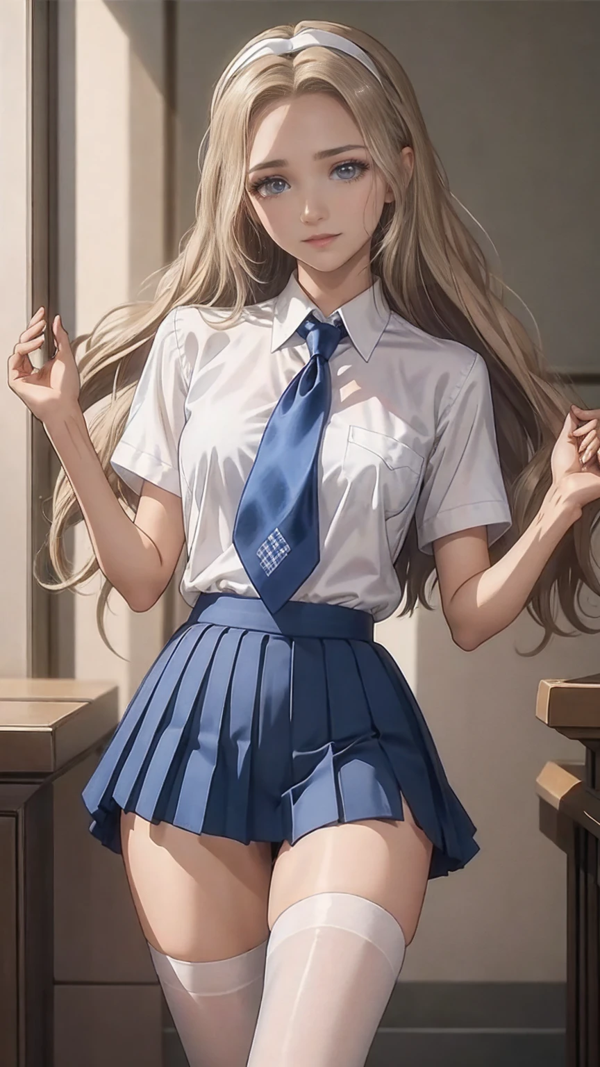 ((Best Quality)), ((masterpiece)), (detailed), (Focus on the characters、Focus on breasts,whole body), Anime 2D Rendering, Realistic young anime woman, Five fingers, Perfect Face, Beautiful details, Beautiful body, Beautiful breasts, beautiful thighs, (Small breasts)、Beautiful legs, (White beautiful skin), 、 Girl、一人Girl, blonde、(Long Hair、White headband), ((Collared short-sleeved shirt, White shirt, Blue checkered pleated skirt, Blue tie))、(Black Pantyhose、), Wicked Smile、((Green))、garden、She turns her face and body towards the viewer，A pretty face and a charming smile，Standing、