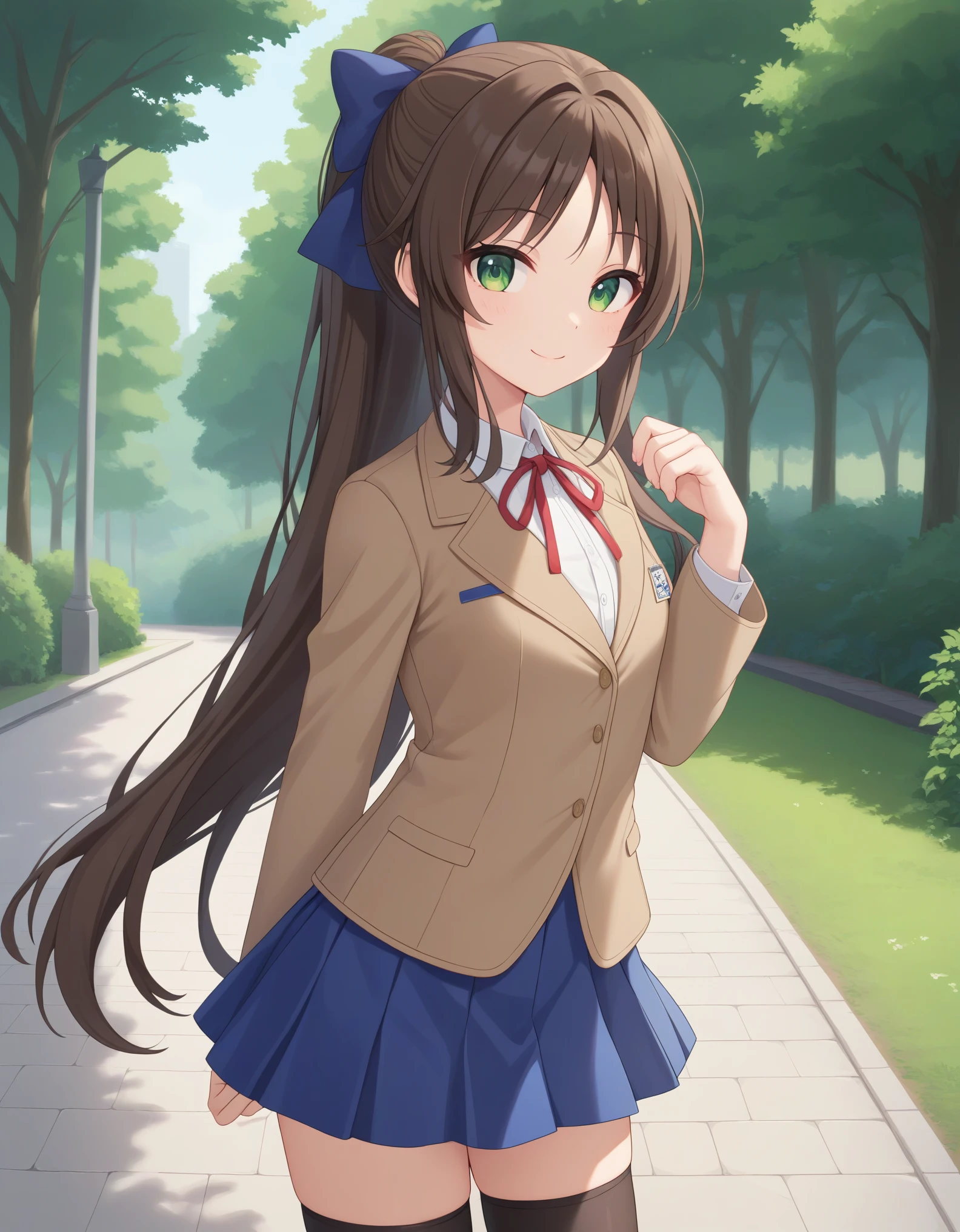 best quality,masterpiece,   4k, best quality 
1girl, solo,tachibana arisu,dark brown hair, (dark brown hair:1.2), green eyes, (green eyes:1.2), very long hair, white hair ribbon, bangs, ponytail, brown blazer, brown color vest , white collared shirt, red neck ribbon, blue skirt, closed jacket, black thighhighs, white hair bow, standing,smile ,cowboy shot,  looking at viewer, outdoor, park
