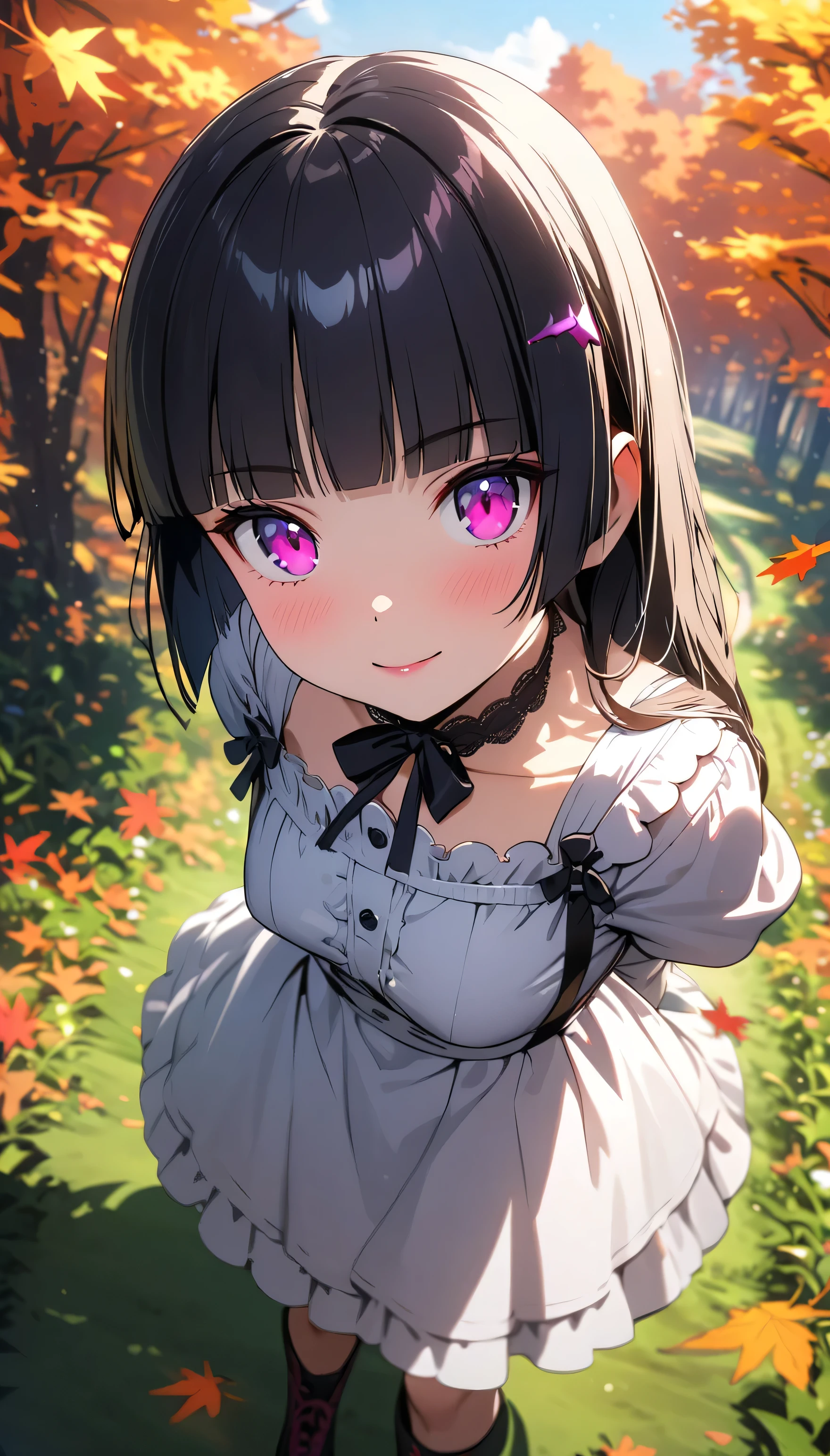 (beautiful girl: 1.3),1girl,masterpiece, Highest quality, Ultra-high resolution,rich contrast,super high quality,8k,Highly detailed CG unit wallpaper,texture,Incredibly absurd,Ultra-high resolution,RAW Photos,Depth of Field 1.2,(blunt bangs,medium hair,Black Hair),Ultra-detailed eyes,Glowing Skin,Glitter effect,Beautiful glossy lips,autumn hiking, scenic mountain trail, vibrant fall foliage,forest path covered in leaves,gokou ruri,(gothic:1.3),A light smile