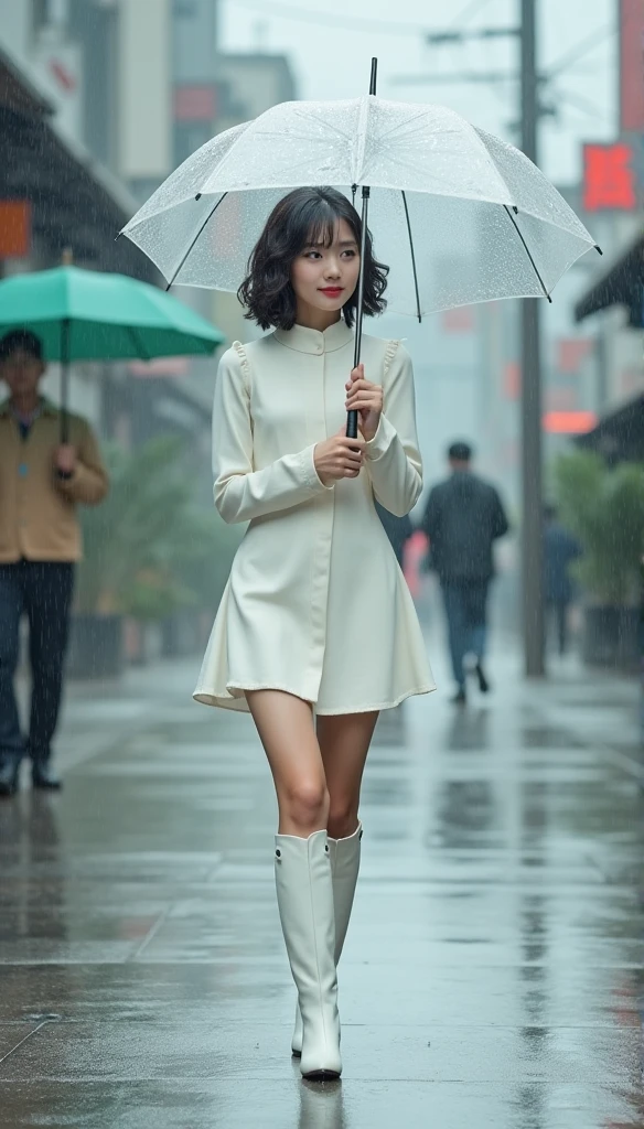 Woman walking down a street in the rain with an umbrella - SeaArt AI