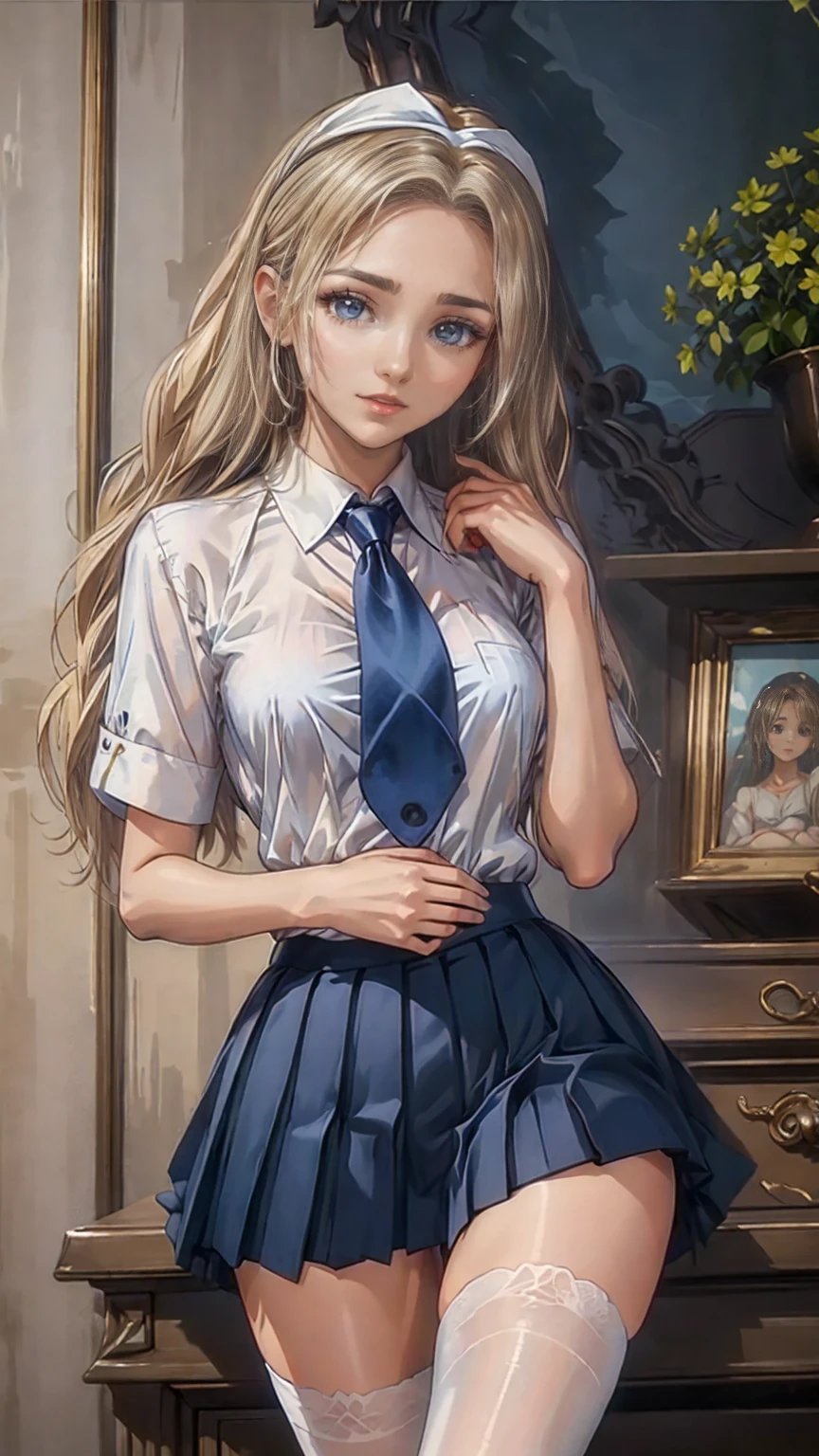 ((Best Quality)), ((masterpiece)), (detailed), (Focus on the characters、Focus on breasts,whole body), Anime 2D Rendering, Realistic young anime woman, Five fingers, Perfect Face, Beautiful details, Beautiful body, Beautiful breasts, beautiful thighs, (Small breasts)、Beautiful legs, (White beautiful skin), 、 Girl、一人Girl, blonde、(Long Hair、White headband), ((Collared short-sleeved shirt, White shirt, Blue checkered pleated skirt, Blue tie))、(Black Pantyhose、), Wicked Smile、((Green))、garden、She turns her face and body towards the viewer，A pretty face and a charming smile，Standing、
