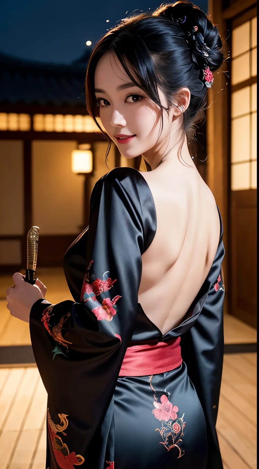 8K Ultra HD, Digital SLR,Film Grain, Fujifilm XT3,(Highest quality:1.3), (masterpiece:1.1), High resolution, Cinematic Light, Intricate details, (Realistic) (Night view) Realistic backlight、Dramatic reddish light、Beautiful Japanese Geisha full body photo, ((Facial texture Pore details)), Grin、Devilish smile, Simple messy hairstyle, She wears a black satin kimono decorated with traditional dragon motifs.., Open shoulders, Colorful dragon tattoos all over the body, Has a long blade, Long-bladed Japan sword in hand,Inside a traditional villa, 8K, Front blur