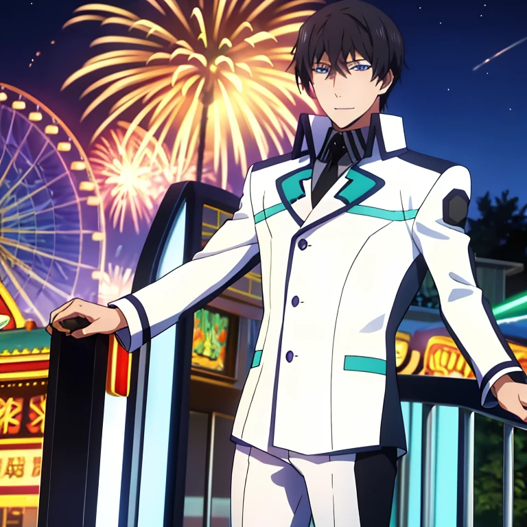 1 boy, solo, tatsuya def, school uniform, blue eyes, black hair, face focus, high detailed face, full uniform view, inside ferris wheel, smile, amusement park, cowboy shot, looking at viewers, night, fireworks in sky, new year eve)
(best quality,4k,8k,highres,masterpiece:1.2),ultra-detailed, vivid colors,extremely detailed eyes and face,detailed uniform,detailed background