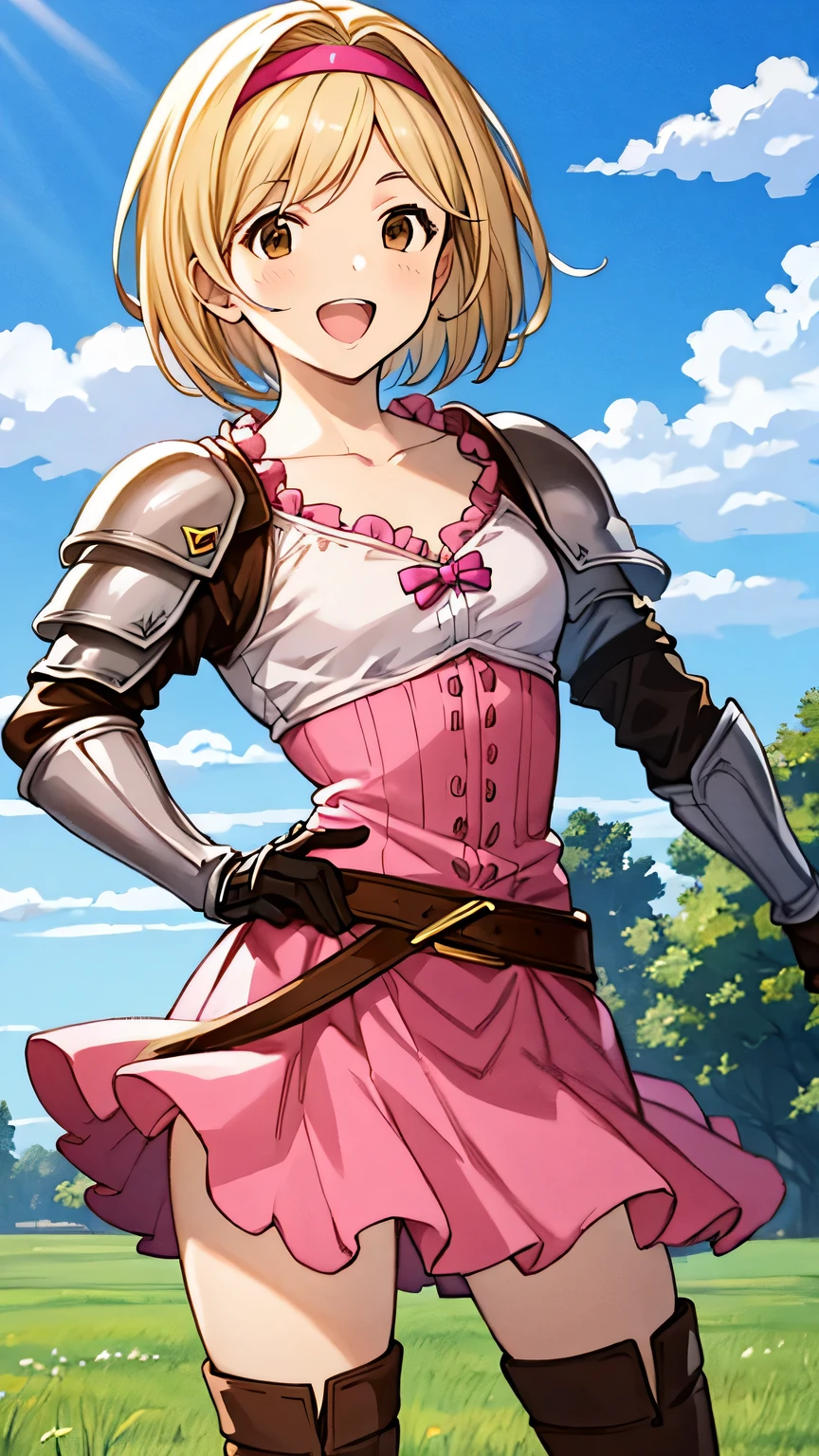 {{{masterpiece}}}, {{{best quality}}}, {{ultra-detailed}}, {illustration}, {{an extremely delicate and beautiful}}, (beautiful detailed eyes:1.6), extremely detailed face, 8k, anime face, djeeta(granblue fantasy), djeetadef, solo, 1girl, cute face, blonde hair, short hair, brown eyes, very big eyes, thin waist, big hips, curvaceous, pink hairband, pink dress, pink skirt, brown thigh boots, collarbones, gauntlets, armor, thighs, zettai ryouiki, BREAK, spread legs, hands on hips, standing, smiling, flushed cheeks, peer in from below, outdoor, sky, daytime, ruins, forest, field