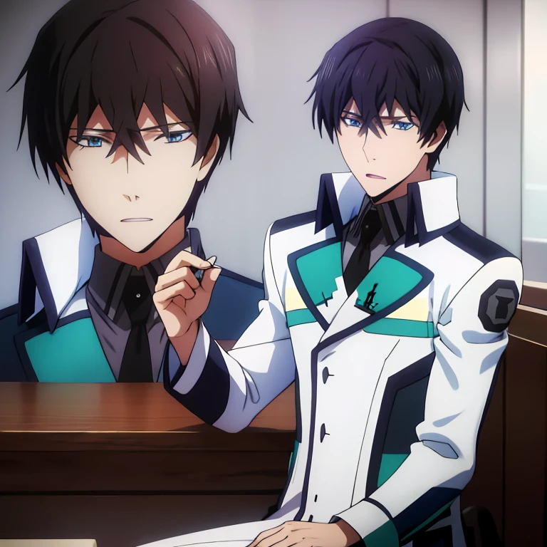 1 boy, solo, tatsuya def, school uniform, blue eyes, black hair, face focus, high detailed face, full uniform view, sitting in coffee shop, portrait shot, looking at viewers, night, (best quality,4k,8k,highres,masterpiece:1.2),ultra-detailed, vivid colors,extremely detailed eyes and face,detailed uniform,detailed background