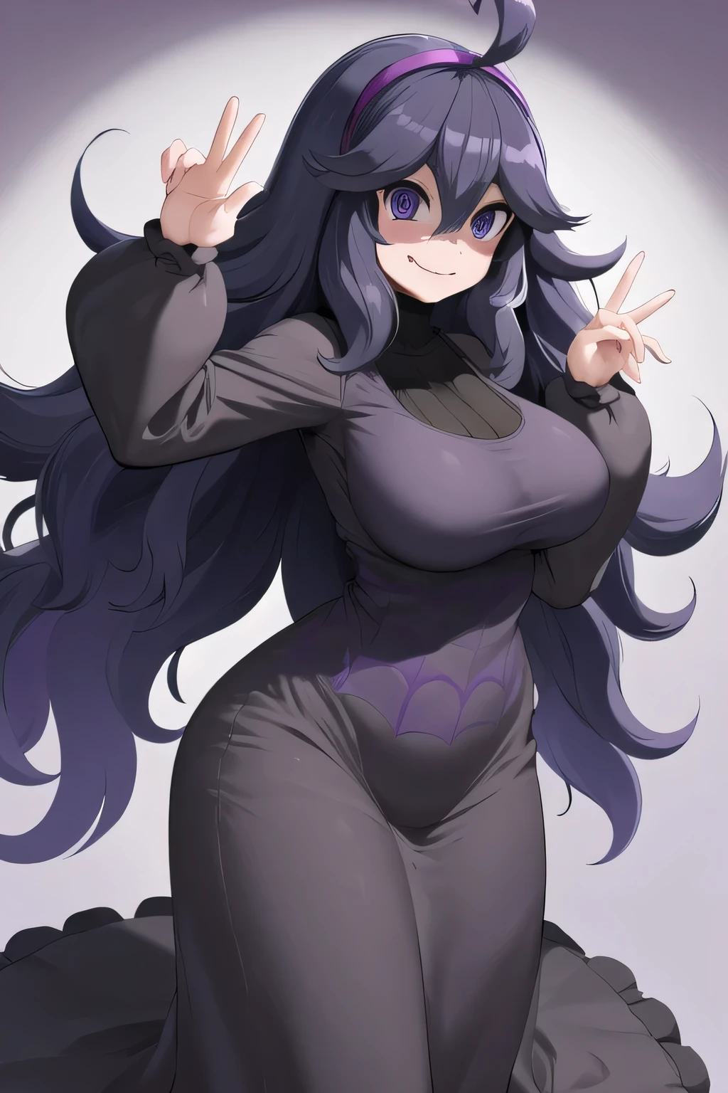 masterpiece, best quality, highres, aahex, hex maniac \(pokemon\), long hair, ahoge, purple hairband, purple eyes, @_@, large breasts, long dress, black dress, long sleeves, waving, wavy mouth, standing