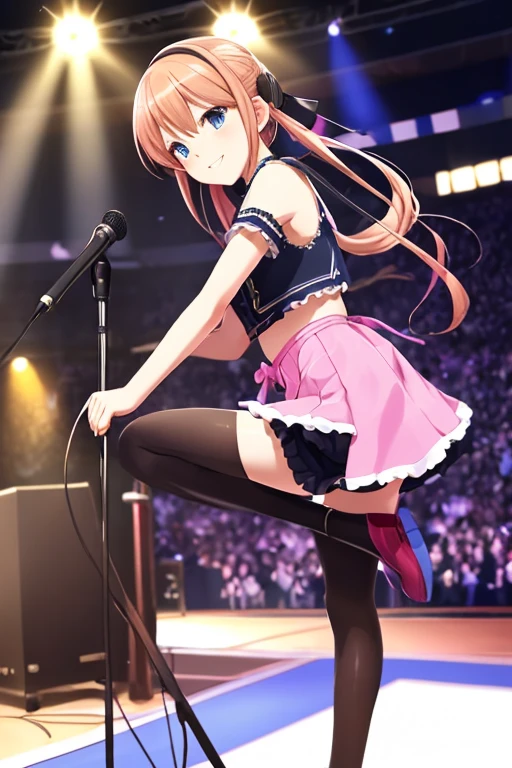 anime、bright、Side View、Up to the knees、Miku、Winking at the audience on stage、大きなanimeの目、performance、Song、Standing on one leg、Stretch your arms、Catch the mic、16k、8k、High quality resolution、Best Quality、Very detailed、Beautiful woman、Cute face、Perfect Anatomy、（Very detailed）、realism、