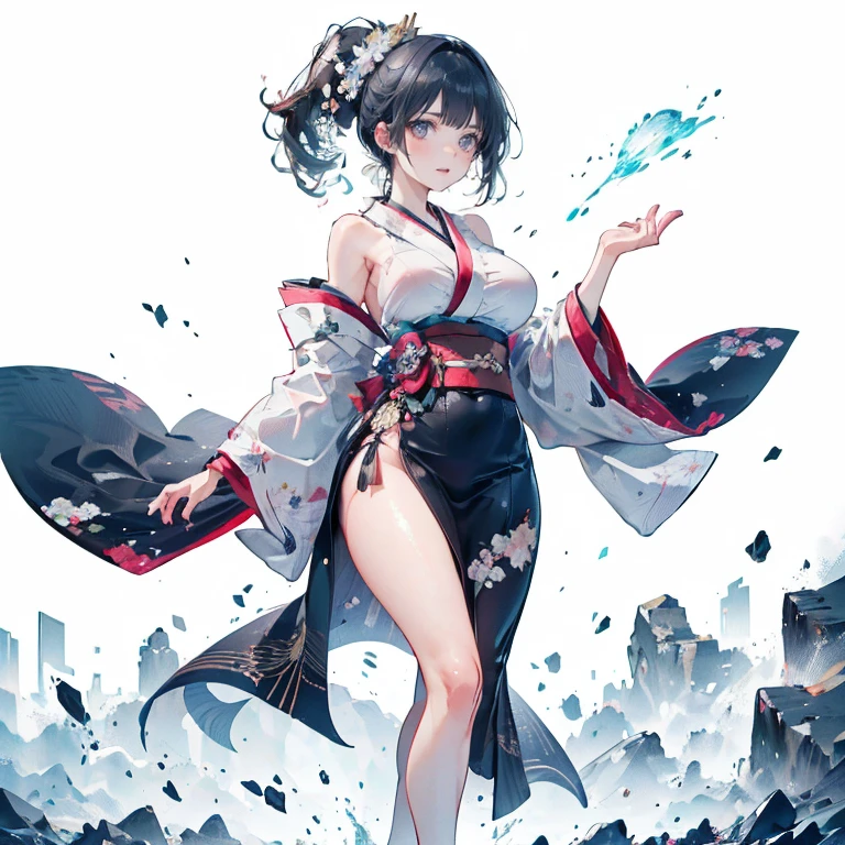absurdres, RAW photo, extremely delicate and beautiful, masterpiece, Best Quality, ultra high resolution, 32k, hyperrealistic, ultra-detailed, in her 20s, delicate facial features, tearful mole, earring, medium breasts, full body shot, shorter middle hair, black hair, shuimobysim, Japanese kimono, ninja, samurai, sword with blue flames,