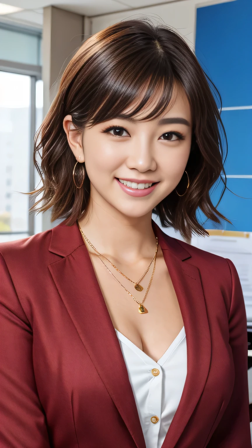 RAW Photo High Resolution, Very detailed, Intricate details, 、ear piercing、、Short Hair、Dark Brown Hair、Office Lady Suits 、smile、jacket、shirt、Heavy makeup、Necklace on neck、, The background is the office
